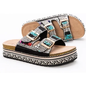 25Y103 Kadın Mantar Platform Taban Taşlı Çift Tokalı Comfort Terlik Siyah