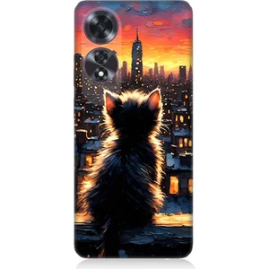 Oppo A60 Uyumlu Kedi ve Şehir  Desenli Silikon Kılıf