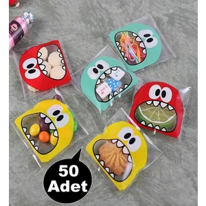 Hyd 50 Adet Canavar Desenli Bantlı Şeffaf Poşet Hediyelik Kendinden Yapışkanlı Jelatin 10X15CM