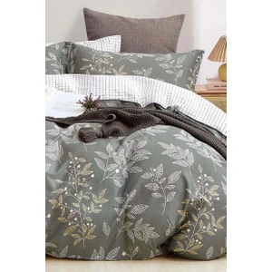 Kolay Ütülenir Nevresim Takımı Çift Kişilik Line Leaf Zümrüt Yeşili