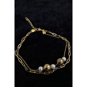 Altın Renk Inci Küre Model Sf ve Ezme Zincir Çelik Halhal - 3229