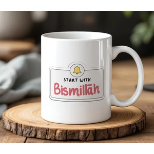 BB Design Start With Bismillah Tasarımlı Beyaz Seramik Baskılı Kupa Bardak 330 ml