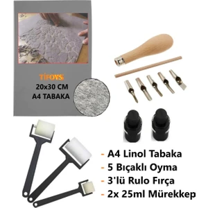 Linol Tabaka Linol Muşamba Levha 2.5 mm 20X30 cm 3'lü Sünger Rulo Merdane 5'li Oyma Seti Baskı