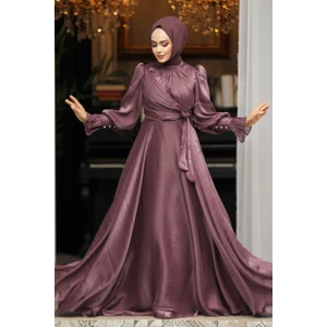 Bağlama Detaylı Kahverengi Tesettür Abiye Elbise 48051KH