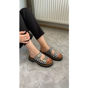 Kadın Firida Beyaz Leopar Çift Bantlı Kapsül Detaylı  Kalın Taban Ortopedik  Sandalet Terlik K-100