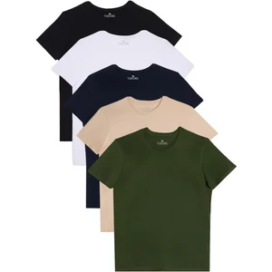 Unisex 5'li Pkt Siyah-Beyaz-Lacivert-Vanilya-Haki Slim Fit Dar Kesim %100 Pamuk Bisiklet Yaka Tişört