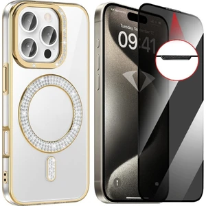 Apple iPhone 14 Pro Max Kılıf Pırlanta Taş Tasarımlı Magsafe Şarj Özellikli Zore Karetta Silikon Kapak + Hayalet Ekran Koruyucu