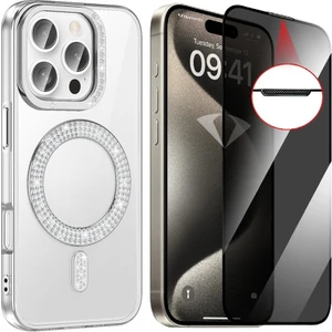 Apple iPhone 14 Pro Max Kılıf Pırlanta Taş Tasarımlı Magsafe Şarj Özellikli Zore Karetta Silikon Kapak + Hayalet Ekran Koruyucu