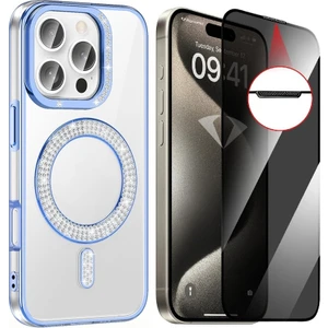 Apple iPhone 14 Pro Max Kılıf Pırlanta Taş Tasarımlı Magsafe Şarj Özellikli Zore Karetta Silikon Kapak + Hayalet Ekran Koruyucu