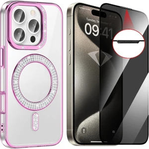 Apple iPhone 14 Pro Max Kılıf Pırlanta Taş Tasarımlı Magsafe Şarj Özellikli Zore Karetta Silikon Kapak + Hayalet Ekran Koruyucu