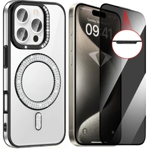 Apple iPhone 14 Pro Max Kılıf Pırlanta Taş Tasarımlı Magsafe Şarj Özellikli Zore Karetta Silikon Kapak + Hayalet Ekran Koruyucu