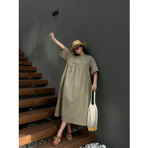 Haki Üstü Penye Altı Dokuma Oversize Uzun Elbise 27258