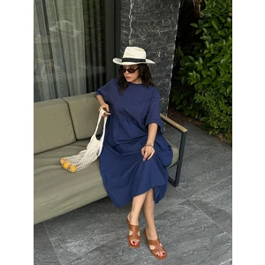 Lacivert Üstü Penye Altı Dokuma Oversize Uzun Elbise 27258