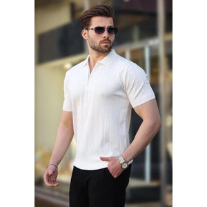 Beyaz Polo Yaka Fermuarlı Erkek T-Shirt E7298
