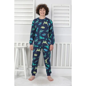 Erkek Çocuk Dinozor Desenli Pijama Takımı %100 Pamuk Penye 3-13 Yaş Uzun Kollu