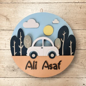 Isme Özel Araba Figürlü Hediyelik Bebek Ahşap Kapı Süsü