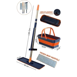 Katlanabilir ve Tekerlekli Mop Seti 130 cm Uzun Saplı, Yedek Mop Başlıklı, Kendinden Sıkmalı Mop Set