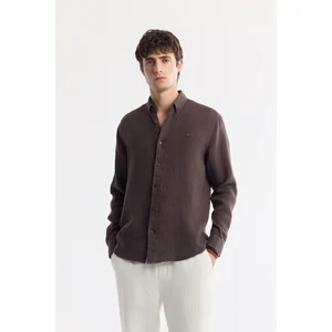 Avva Erkek Kahve Düğmeli Yaka %100 Keten Comfort Fit Gömlek B002191