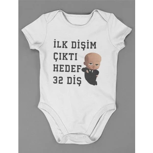 Ilk Dişim Çıktı Hedef 32 Diş ! Yazılı Pamuklu Yumuşak Unisex Çıtçıtlı Body Zıbın