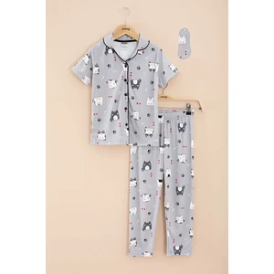 Gri Kedi Baskılı Kısa Kollu Böz Bantlı Kız Çocuk Pijama Takımı 20566