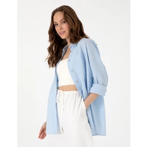 Pierre Cardin Kadın Mavi Oversize Keten Karışımlı Uzun Kollu Gömlek 50313128-VR249