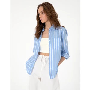 Pierre Cardin Kadın Mavi Comfort Fit Çizgili Uzun Kollu Gömlek 50301089-VR036