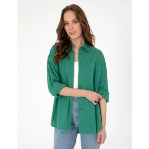 Pierre Cardin Kadın Zümrüt Oversize Keten Karışımlı Uzun Kollu Gömlek 50313128-VR055