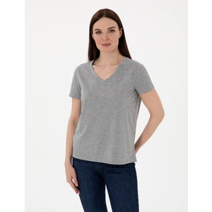 Pierre Cardin Kadın Gri Melanj Regular Fit V Yaka Basic Tişört 50305749-VR086