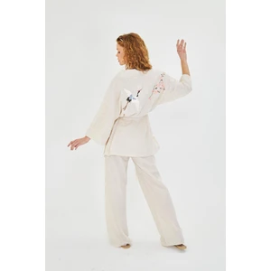 Kuş Nakışlı Keten Görünümlü Kimono