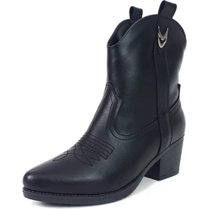 Siyah Renk  Cilt Deri  Kalın Topuk Kadın Kovboy Bot