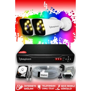2 Kameralı Kare 2 Dış Kamera Set 1 Tb HDD Full Hd Renkli Gece Görüşlü Güvenlik Kamerası Sistemi