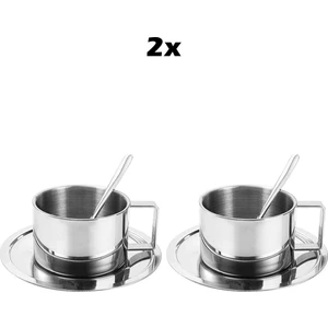 Çelik 2 Adet 3 Parça 200 ml Çift Cidar Espresso Kahve Fincan Seti Sunum Bardağı
