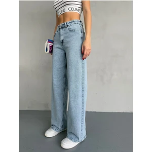 Kadın Yüksek Bel Kar Yıkama Likralı Geniş Paça Palazzo Jeans
