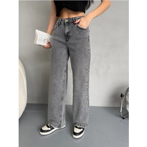 Kadın Yüksek Bel Kar Yıkama Likralı Geniş Paça Palazzo Jeans