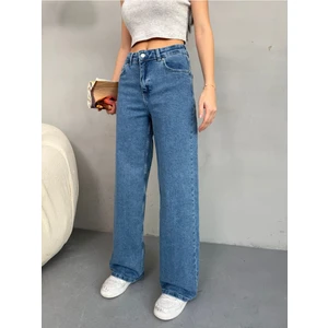 Kadın Yüksek Bel Kar Yıkama Likralı Geniş Paça Palazzo Jeans