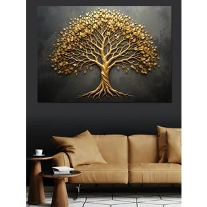 Altın Renkli Hayat Ağacı Dekoratif Kanvas - Mdf Ahşap Tablo