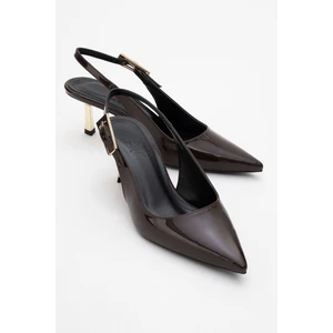 Arty Kahverengi Rugan Sivri Burun Arkası Açık Kadın Ince Topuklu Ayakkabı