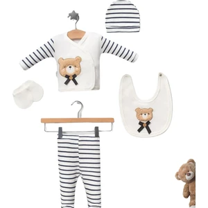 Ayıcık Süzene Nakışlı Lüx Erkek Yeni Doğan Hastane Çıkış 5'li Zıbın Seti - Kutulu Hediyelik Set