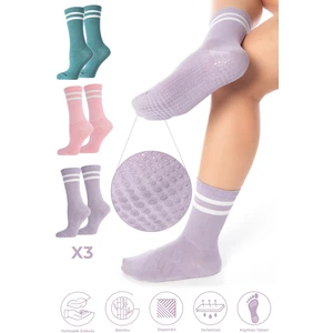 Bambu Kadın Kaydırmaz Taban Silikon Baskı Pilates Yoga Fitness Dans Aktivite Tenis Çorabı 3'lü Paket