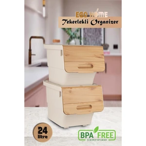2li Bambu Renk Tekerlekli Patateslik Soğanlık Oyuncak Kutusu Sebzelik Patates Soğan Sepeti Kovası 