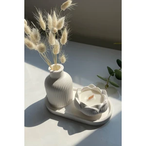 3'lü Dekoratif Set Lotus Doğal Vegan Mum & Vazo & Oval Tepsi