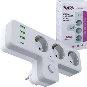 Vea VE-23088 3x USB 1x Type-C Pd 3'lü Çocuk ve Termal Korumalı Anahtarlı Grup Priz