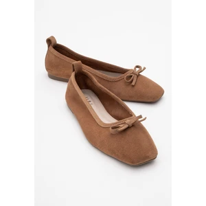 Sosa Toprak Süet  Deri Küt Burunlu Fiyonklu Kadın Babet Ayakkabı