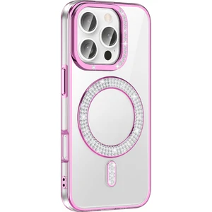 M.tk moveteck Apple iPhone 15 Pro Max Kılıf Kamera Çıkıntılı Korumalı Parlak Parılıtı Taşlı Yuvarlak Magsafe Halkalı