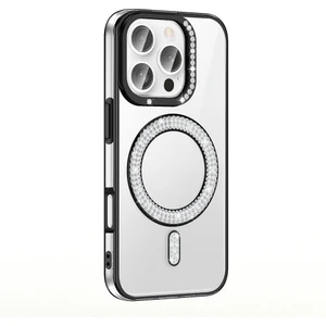 M.tk moveteck Apple iPhone 15 Pro Max Kılıf Kamera Çıkıntılı Korumalı Parlak Parılıtı Taşlı Yuvarlak Magsafe Halkalı