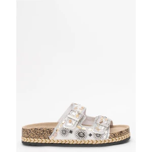 25Y183-1 Kadın Taşlı Düz Terlik Gümüş