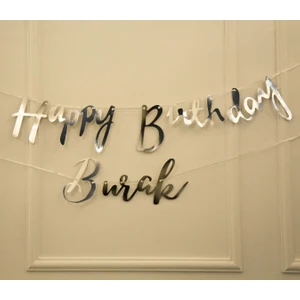 Kişiye Özel Gümüş Renkli Happy Birthday El Yazısı Banner