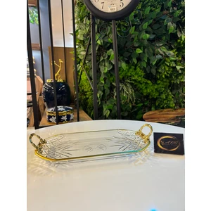 Timeless Gold Yaldızlı Metal Kulplu Dekoratif Sunumluk Tepsi, Kayık Tabak