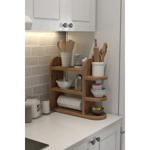 Ahşap Mutfak Düzenleyici Raf, 3 Katlı, Baharatlık ve Kağıt Havluluk, Çam