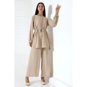 Kadın Tesettür Ayrobin Kuşaklı Tunik Pantolon Ikili Takım